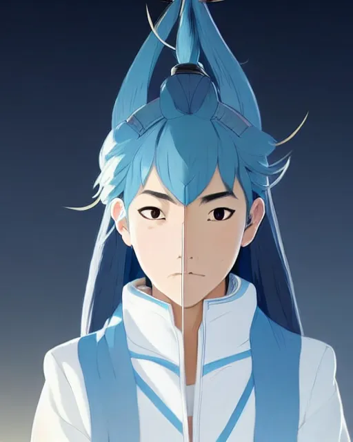 Image similar to azctec warrior, a south korean female, she wears a light blue jacket, white ponytail hair, detailed perfect face, exquisite details, fire magic, mid view, design on a white background, by studio muti, greg rutkowski makoto shinkai takashi takeuch studio ghibli