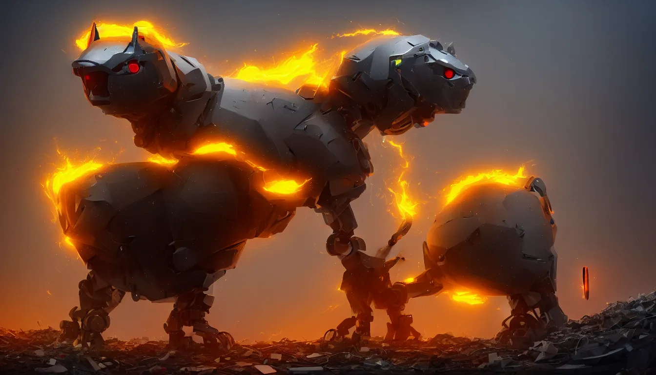 Prompt: ai limbo, gigantic robotic cat with red eyes walks in a trash heap in yellow mist, digital art, trending on artstation, 8k, highly detailed,