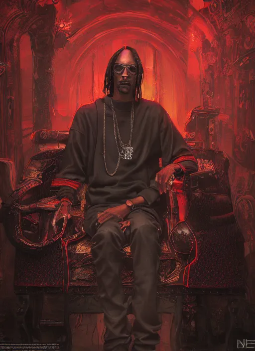 Image similar to snoop dogg is an evil wizard, dark, red, black, mist, hyper detailed, digital art, trending in artstation, cinematic lighting, studio quality, smooth render, unreal engine 5 rendered, octane rendered, art style by klimt and nixeu and ian sprigger and wlop and krenz cushart.