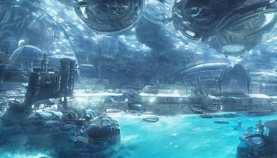 Prompt: underwater florida city built under giant blue domes, hyperdetailed, artstation, cgsociety, 8 k