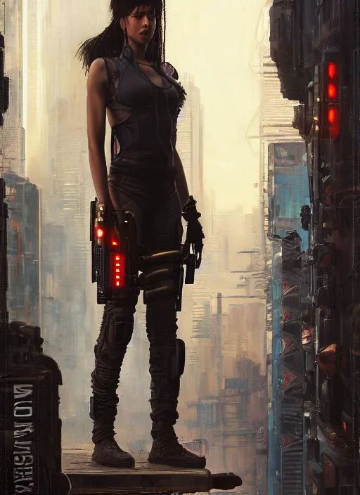 Prompt: 🤸🏿♀. cyberpunk mercenary in a military vest ( blade runner 2 0 4 9, cyberpunk 2 0 7 7 ). orientalist portrait by john william waterhouse and james gurney and theodore ralli and nasreddine dinet, oil on canvas. cinematic, hyper realism, realistic proportions, dramatic lighting, high detail 4 k