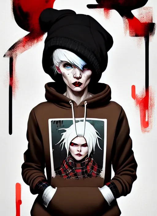 Image similar to highly detailed portrait of a sewer punk canadian lady, tartan hoody, white hair by atey ghailan, by greg rutkowski, by greg tocchini, by james gilleard, by joe fenton, by kaethe butcher, gradient red, brown, blonde cream and white color scheme, grunge aesthetic!!! ( ( graffiti tag wall background ) )