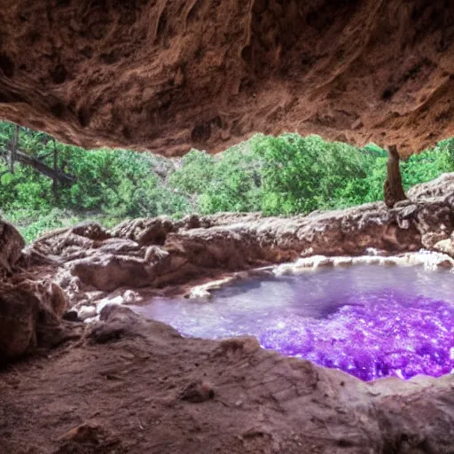 Prompt: photo inside a cave made of amethyst and and a hot spring