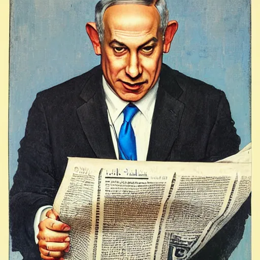 Prompt: portrait of benjamin netanyahu reading a newspaper, by norman rockwell