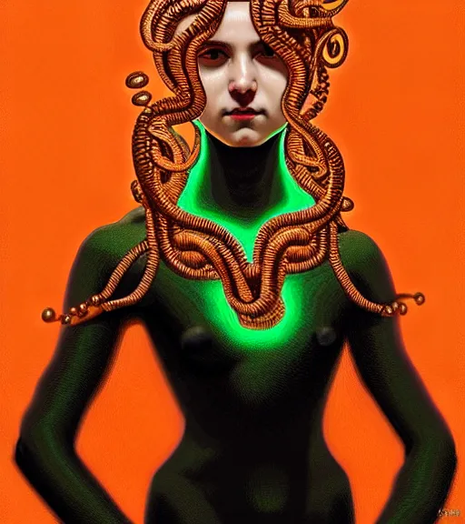 Prompt: portrait of teenage medusa, bald, raised eyebrow, wicked smile, black snakes cover her head, wearing an embroidered orange tunic, intricate, elegant, copper and emerald jewelry, glowing lights, highly detailed, digital painting, artstation, concept art, smooth, sharp focus, illustration, art by wlop, mucha, artgerm, and greg rutkowski