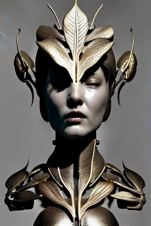 Image similar to bw close - up profile face, black background, beautiful young porcelain vegetal - dragon - cyborg - female, 1 5 0 mm, beautiful natural soft rim light, silver gold details, magnolia leaves and stems, roots, mandelbot fractal, elegant, ultra detailed, white metallic armour, octane render, h. r. giger style