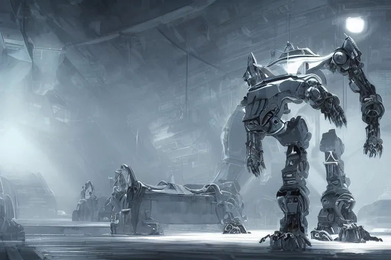 Image similar to robosaurus parallax datacenter server room interior single mono colossus white rusty robot sitting artstation cinematic detailed concept art volumetric light sharp coherent cgsociety symmetric perfect well balanced shadows lotr technogoddess