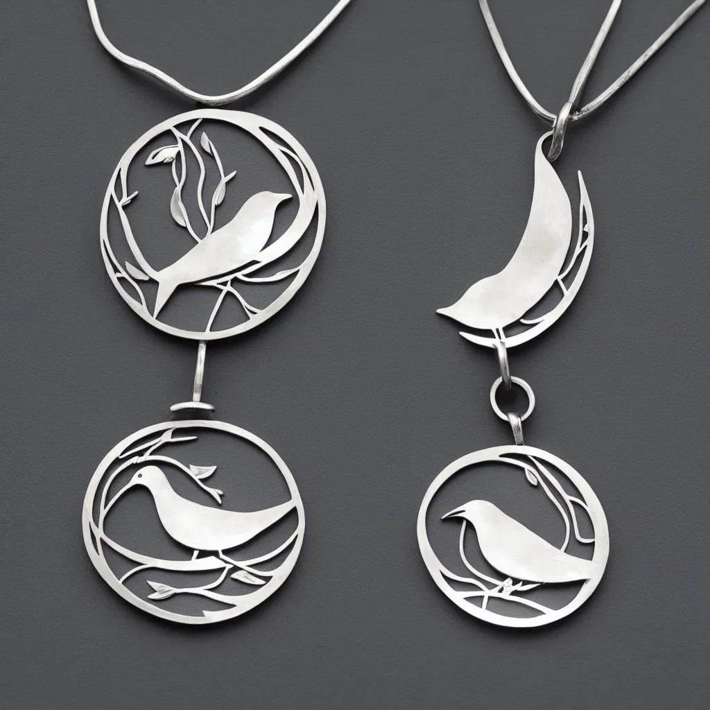 Prompt: pendant of bird inlaid in silver, realistic, clean, cinematic lighting, collages