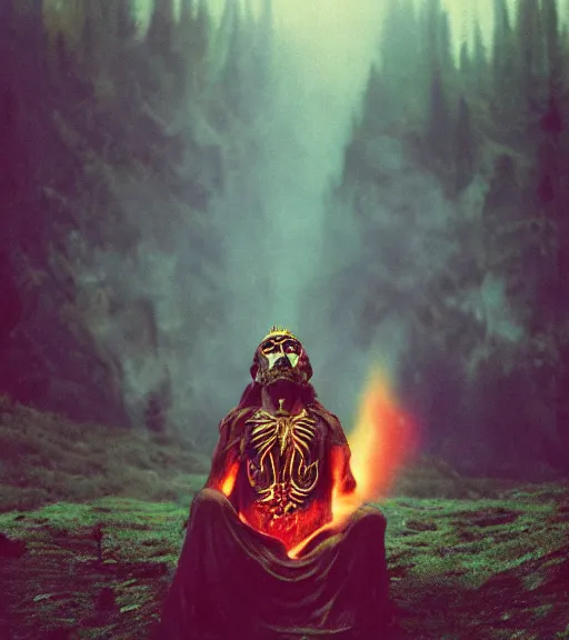 Image similar to mystical death god in beautiful nature, film photo, grainy, high detail, high resolution