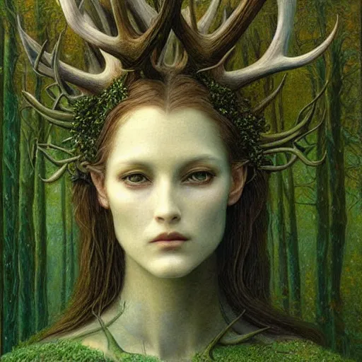 Prompt: a mysterious forest goddess with green eyes and antlers, moodym creepy, portrait, muted colors, highly detailed, intricate artwork, beautiful oil painting by Jean Delville