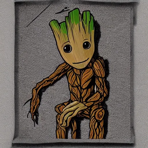 Prompt: groot drinking coffee