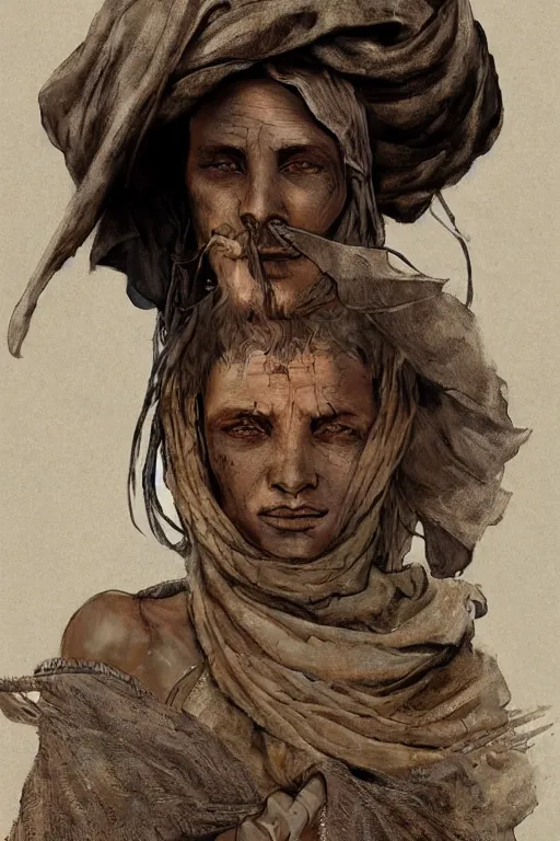 Image similar to a full body portrait of a beautiful post apocalyptic offworld desert bedouin blind beggar by the road, intricate, elegant, highly detailed, digital painting, artstation, concept art, smooth, sharp focus, illustration, art by krenz cushart and artem demura and alphonse mucha