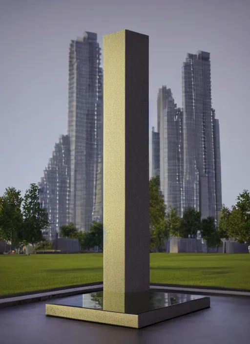 Image similar to highly detailed realistic architecture 3 d render of a futuristic mirror stele monument in frank lloyd wright style standing in city park, archdaily, made in unreal engine 4 octane render