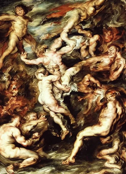 Prompt: ( ( ( ( ( painting, people falling off a playground, adventure playground, by peter paul rubens ) ) ) ) ) style of fall of the damned by peter paul rubens!!!!!!!