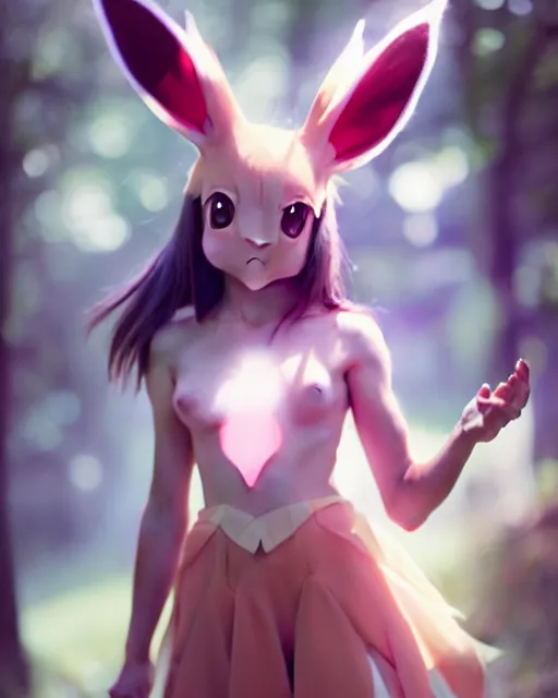 Image similar to photo of eevee pokemon humanisation, fully dresse, film still, dslr, by greg rutkowski, ross tran, artgerm, wlop glossy skin, pearlescent, very coherent, cute