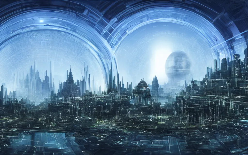 Image similar to a techno - spiritual utopian domed city, future perfect, award winning digital art