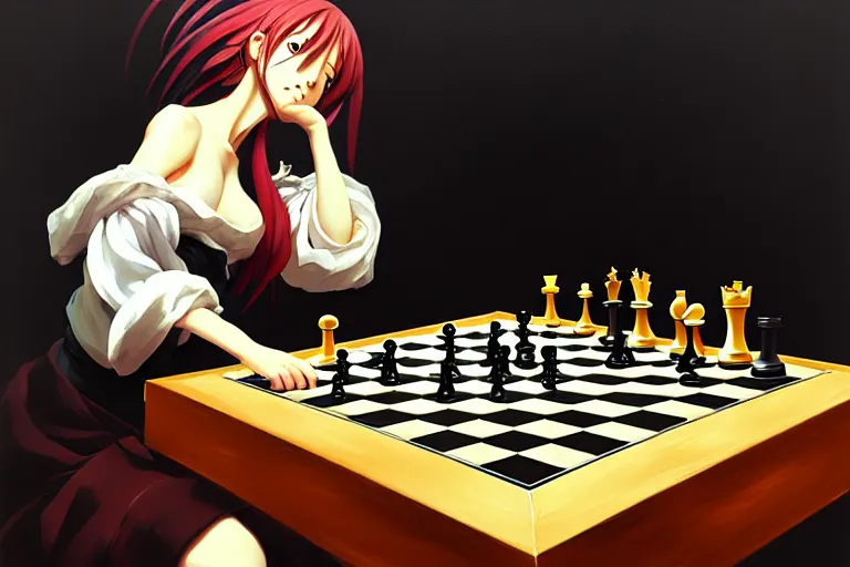 Image similar to baroque oil painting of anime key visual concept art of insane anime girl playinga against cthulu at a chess board, acrylic painting, trending on pixiv fanbox, palette knife and brush strokes, style of makoto shinkai jamie wyeth james gilleard edward hopper greg rutkowski studio ghibli genshin impact