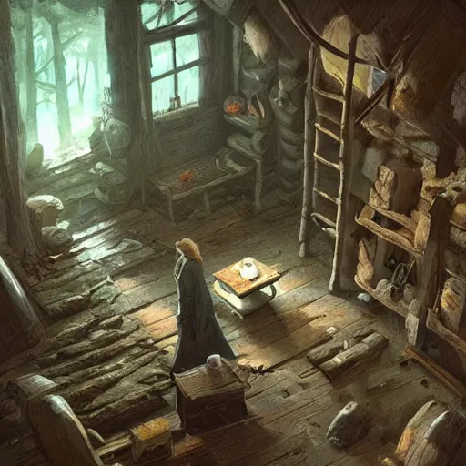 Prompt: concept art of an inside of a cabin in the woods, isometric view, detailed, volumetric lighting, style of greg rutkowski