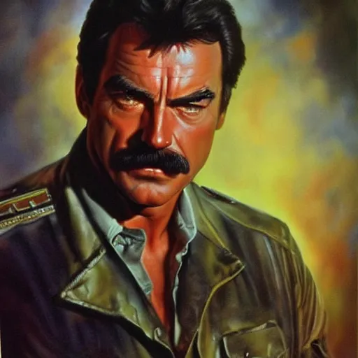 Image similar to ultra realistic portrait painting of tom selleck as the terminator, art by frank frazetta, 4 k, ultra realistic, highly detailed, epic lighting
