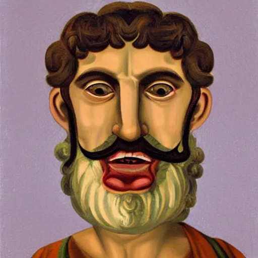 Prompt: portrait of ancient silly greek man with big eyes and sharp nose and open mouth. fine detail. artistic painting by lurid