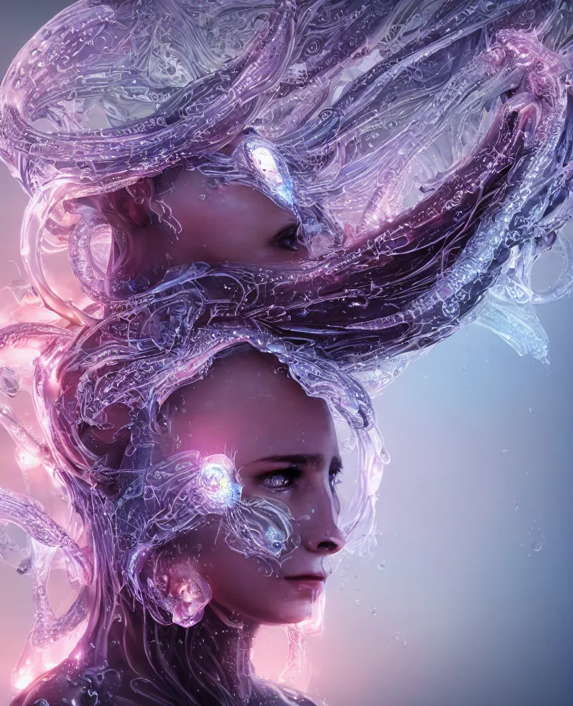 Image similar to close-up macro portrait of the face of a beautiful princess, epic angle and pose, symmetrical artwork, 3d with depth of field, blurred background, cybernetic jellyfish female face skull phoenix bird, translucent, nautilus, energy flows of water and fire. a highly detailed epic cinematic concept art CG render. made in Maya, Blender and Photoshop, octane render, excellent composition, cinematic dystopian brutalist atmosphere, dynamic dramatic cinematic lighting, aesthetic, very inspirational, arthouse. y Greg Rutkowski, Ilya Kuvshinov, WLOP, Stanley Artgerm Lau, Ruan Jia and Fenghua Zhong