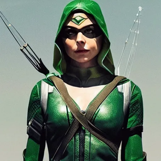 Image similar to film still of willa holland as an attractive female green arrow in the 2 0 1 7 film justice league, bleach blonde hair, focus - on - facial - details!!!!!!, minimal bodycon feminine costume, dramatic cinematic lighting, inspirational tone, suspenseful tone, promotional art