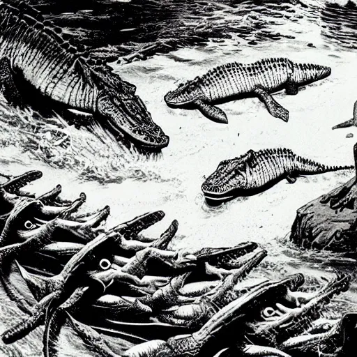 Image similar to battalion of tabby cats swimming downstream to do battle with a giant cayman crocodile silkscreened poster lithograph “ bernie wrightson ”