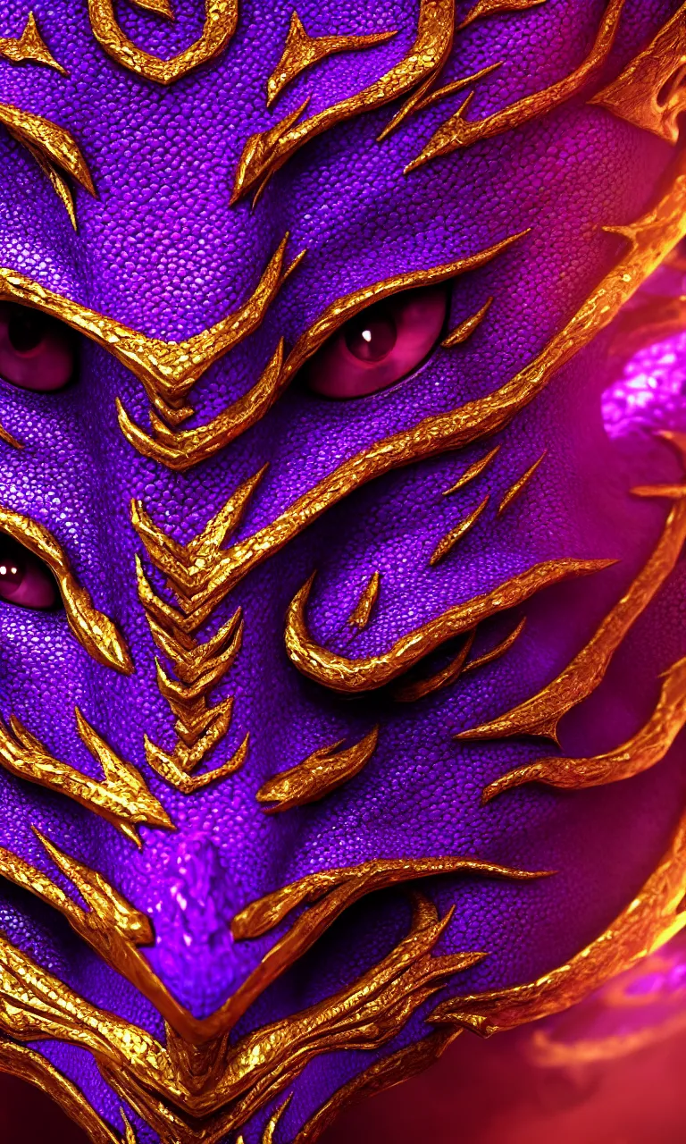 Prompt: purple and gold face of a dragon, symmetrical, ruby eyes, iridescent scales, hyperrealistic octane render 8 k, fantasy concept art