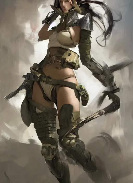 Image similar to a professionally painting of an attractive young female, partially dressed in military armor, olive skin, long dark hair, beautiful bone structure, perfectly proportioned, symmetrical facial features, intricate, elegant, heroic pose, digital painting, concept art, illustration, sketch-like, sharp focus, finely detailed, from Metal Gear, by Ruan Jia and Mandy Jurgens and William-Adolphe Bouguerea