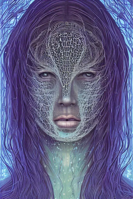 Image similar to dark underwater portrait of a Bioluminescent woman, with reaction diffusion semi-transparent skin. face closeup. long intricate dark hair, with jellyfish. very high detail, illustration, by alex grey