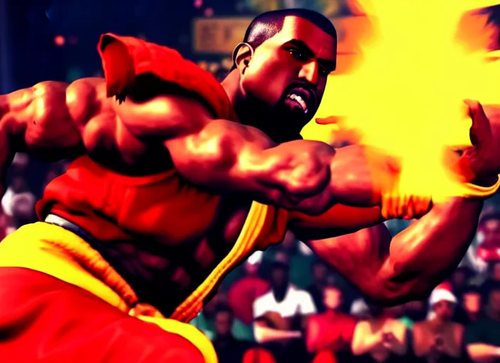 Image similar to ` kanye west in street fighter v ( 2 0 1 7 ), dynamic pose, official media, ps 4 in - game cinematic, 5 k