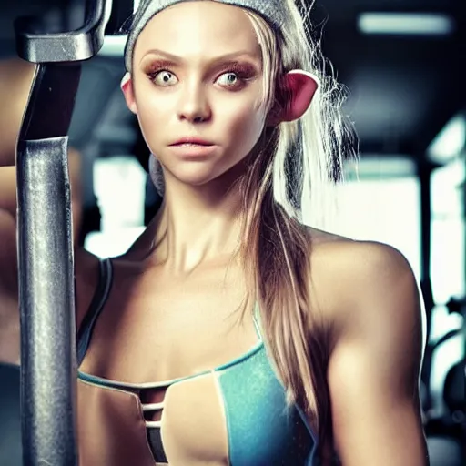 Image similar to elf at the gym, lifting weights. ethereal beauty contrasting hard metal equipment. fantasy athlete. weight training. elven elfish elf ears elf beauty.