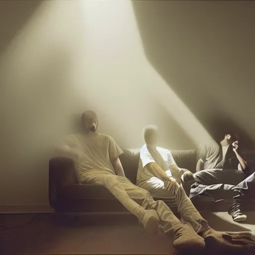 Image similar to gang members chilling around dirty couch in a beige room smoking thick volumetric dust god rays shines through the blinds kinda atmosphere jonathan zawada style photography