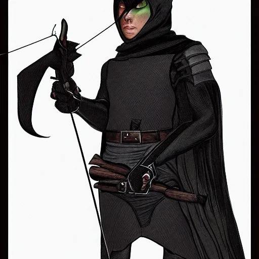 Image similar to portrait of a raven species humanoid rogue archer. he is wearing a vantablack cloak and is looking valiant. portrait hung up in a windows 9 8 castle. r / oldschoolfantasy