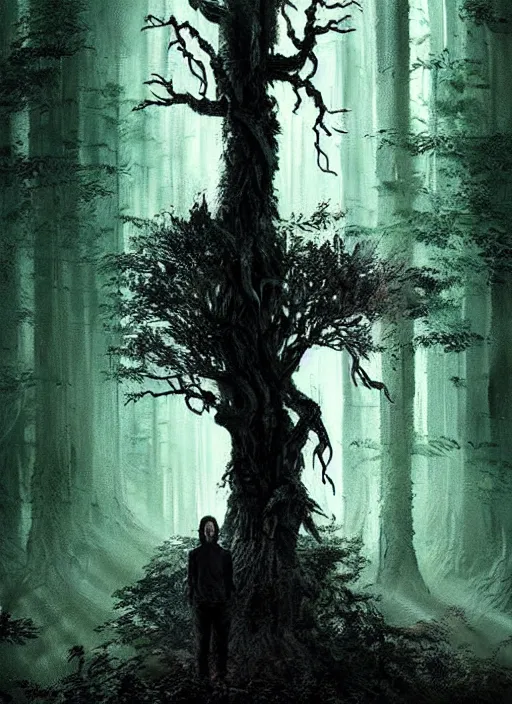 Image similar to highly detailed horror movie poster with angry creepy keanu reeves as a tree, keanu reeves faces in the bark of many trees sentient leafy catastrophe by greg rutkowski, masterpiece, really funny, 1 0 / 1 0 creepy