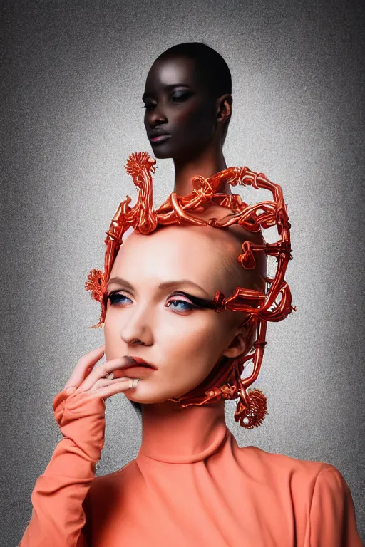 Image similar to beautifull cyberpunk woman model, wearing organic coral outfit, gold tendrils, luxury materials, symmetrical, cinematic, elegant, professional studio light, real dlsr photography, sharp focus, 4 k, ultra hd, sense of awe, high fashion