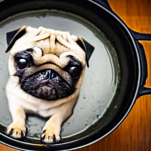 Prompt: An adorable pug sitting in a pot of soup on top of a stove, high resolution photograph