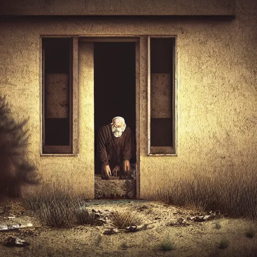 Image similar to old man, cried, humus, dust, nature, abandoned house, fiction, stability, intricate, elegant, 8 k, uhd, justify, realistic, concept art, matte, sharp focus, photography, consistent, highly detailed object content, proportional object content