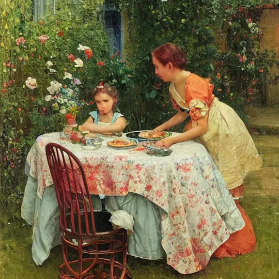 Prompt: a housewife and her daughter putting dishes on a table in the backyard, a tilted parasol sits above the table, a garden with colorful flowers in the background, rainy scene, 1 9 5 0's, medium symmetry, by ilya repin, extreme detail, 8 k, intricate abstract, photorealistic