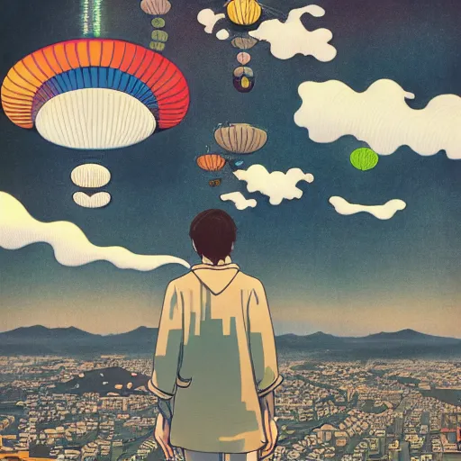 Image similar to a man walking on clouds above kyoto by takashi murakami, beeple and james jean, aya takano color style, 4 k, super detailed