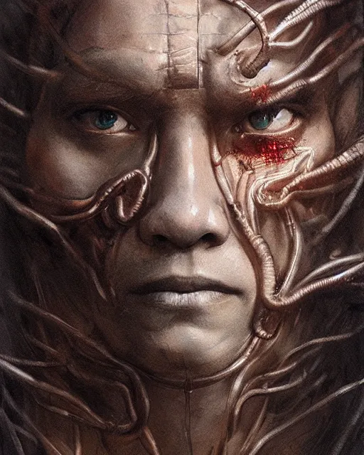 Image similar to realistic portrait beautiful detailed matte painting of cinematic movie scene jet li mutate into cyborg snake. horror, created by gustave dore and greg rutkowski, high detailed, smooth draw, synthwave neon retro, intricate, realistic proportions, dramatic lighting, trending on artstation.