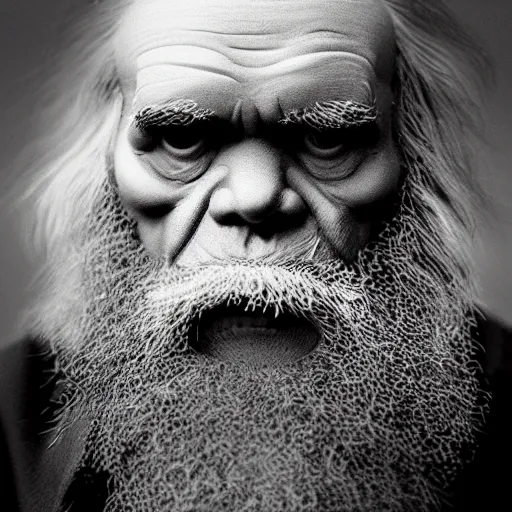 Image similar to mutant charles darwin cinematic 3 5 mm hdr realistic