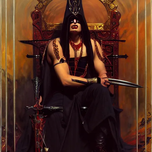 Image similar to full body portrait of red skinned, masked queen in black gothic robes sitting on a throne of swords, elegant, highly detailed painting by gaston bussiere, craig mullins, j. c. leyendecker, 8 k, mid shot