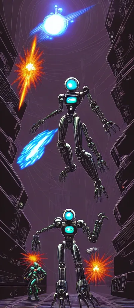 Prompt: An absurdly-detailed digital drawing of a robot-fighter firing energy-bolts at a monster, action perspective concept, by Kev Walker, Carl Critchlow, by Ron Spencer, by Lovecraft Giger, cyborg by Vincent Di Fate | Android-Metroid-Megaman, a robot named fight. A robot warrior stands in a meat-corrupted sci-fi corridor with branching doorway paths. | A lonely robot in a meaty gnashing body-horror hallway