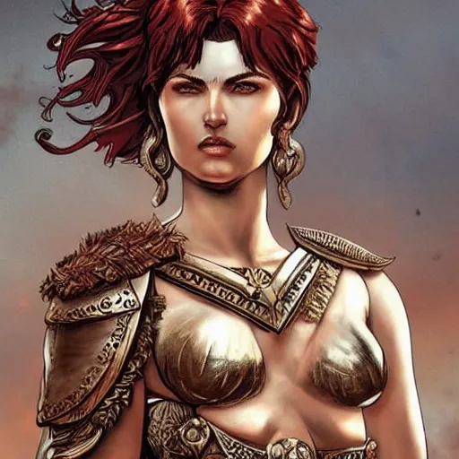 Prompt: greek amazon warrior, a tall beautiful woman with bronzed skin and short red hair, dressed in hellenistic body armour, intricate, elegant, highly detailed, smooth, sharp focus, detailed face, high contrast, graphic novel, art by ardian syaf,