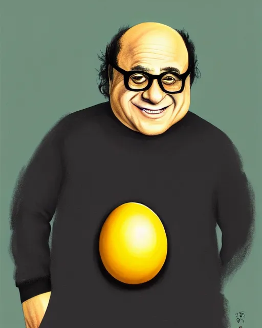 Image similar to painting portrait of danny devito as an egg, cartoon, warm lighting, danny devito has an egg body, movie poster, illustration by bartek fedyczak, erak note, tooth wu, neil richards, kan liu, siwoo kim, jisu choe, trending on art station