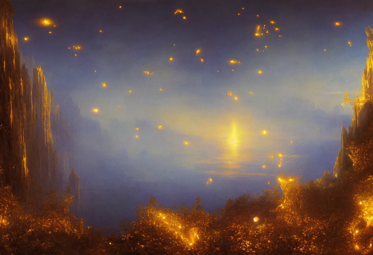 Image similar to a beautiful ultradetailed painting of a single gilded cathedral at the edge of a cliff next to a deep blue sea illuminated by orange fireflies, albert bierstadt, makoto shinkai, 8 k, light effects, trending on artstation