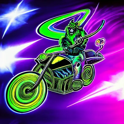 Image similar to psychedelic blacklight airbrush artwork, hyper stylized action shot of an orc biker riding a motorcycle, clear focused details, soft airbrushed edges and gradients on a black background