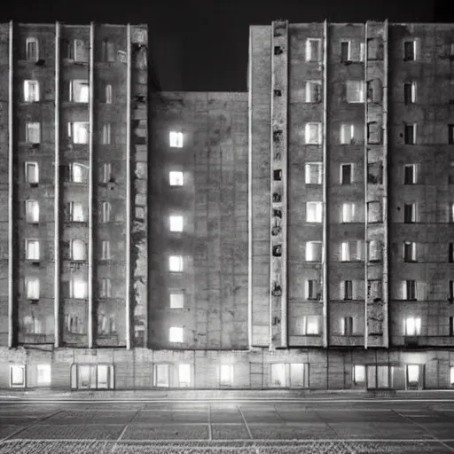 Image similar to soviet brutalist architecture, well lit, night