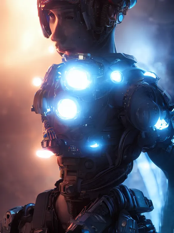 Image similar to comic portrait art of a cpu cyborg 8 k ultra realistic, lens flare, atmosphere, glow, detailed, intricate, full of colour, cinematic lighting, trending on artstation, 4 k, hyperrealistic, focused, extreme details, unreal engine 5, cinematic, masterpiece